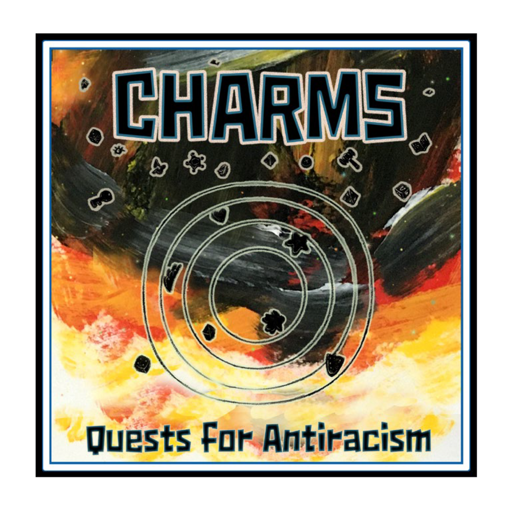 The Quests for Antiracism art shows rings of charms pieces over colors of yellow, red, orange and black.