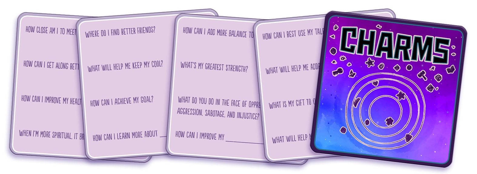 An array of cards with questions for the Charms game