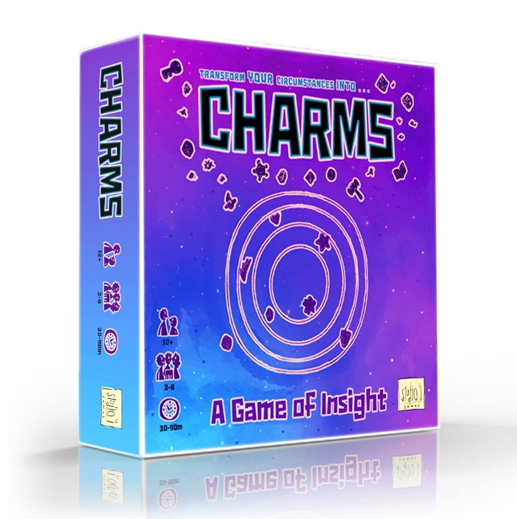 Showing the game box of Charms