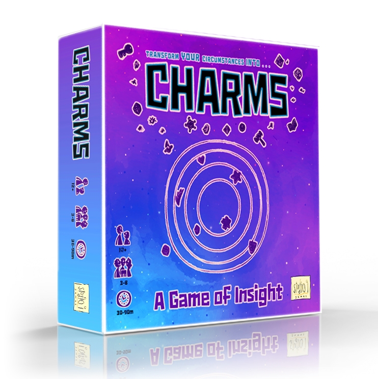 Showing the game box of Charms